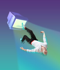 Contemporary art collage and modern design. Retro computer monitor draws a man into itself on blue background. Concept of idea, inspiration, creativity and art.