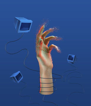 Human hand and flying retro computers isolated on blue background. Contemporary art collage and modern design. Concept of idea, ai, inspiration, creativity and art.