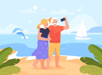 Wall Mural - Old man and woman taking selfie on beach near ocean together. Elderly couple taking photo at sea flat vector illustration. Summer, vacation, healthy lifestyle, outdoor activities concept for banner