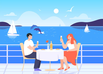 Poster - Couple on romantic date on deck of cruise ship. Man and woman having meal in cafe or restaurant on boat or shore flat vector illustration. Journey, honeymoon, vacation, traveling concept for banner