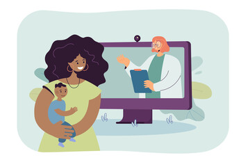 Poster - Cartoon woman holding baby and consulting online doctor. Medical professional on computer screen flat vector illustration. Medicine, technology, health concept for banner or landing web page
