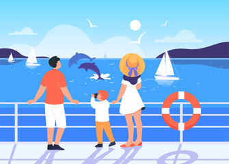 Poster - Family watching sea animals from deck of cruise ship. Tourists on boat flat vector illustration. Family, summer vacation, traveling or tourism concept for banner, website design or landing web page