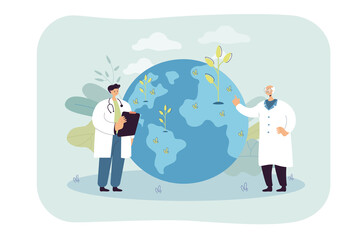 Poster - Tiny scientists and earth with growing plants. Green sprouts on planet flat vector illustration. Ecology, environment, nature, science concept for banner, website design or landing web page