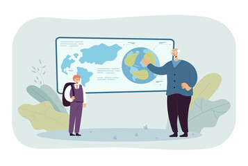 Poster - Elderly geography or ecology teacher and student with map. Senior explaining recycling to boy flat vector illustration. Education, geography, ecology concept for banner, website design or landing page