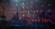Image of cyber attack warning over cityscape on red background