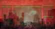 Image of data processing over cityscape on red background