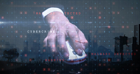 Poster - Image of cyber attack warning and hand holding mouse over cityscape
