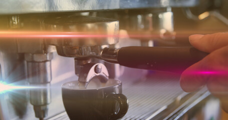 Aufkleber - Image of light spots over biracial man using coffee machine