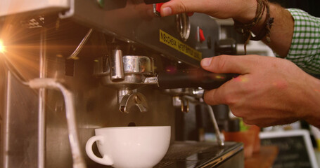Aufkleber - Image of light spots over biracial man using coffee machine
