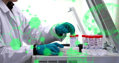 Poster - image of chemical formulas and data processing over caucasian male lab worker with samples