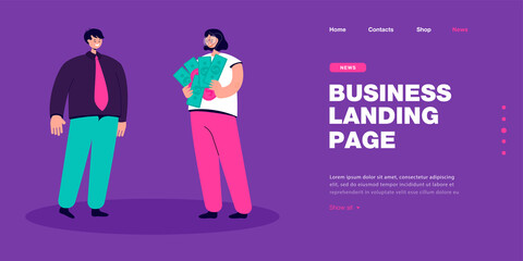 Poster - Cartoon bank employee giving loan to young woman. Happy girl holding money or cash flat vector illustration. Finances, investment, banking concept for banner, website design or landing web page