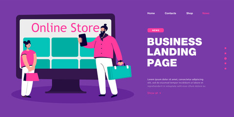 Poster - Cartoon father and daughter shopping at online store. Man and girl in front of huge computer screen flat vector illustration. Family, shopping, technology concept for banner or landing web page