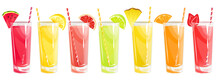 A Set Of Freshly Squeezed Juices.Summer Refreshing Drinks, Orange Juice, Grapefruit, Lime, Pineapple Juice, Strawberry Juice With Fruit Slices.