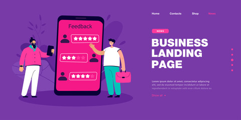 Poster - Businessman and client giving positive feedback. Huge phone screen with user ratings or reviews flat vector illustration. Customer feedback concept for banner, website design or landing web page