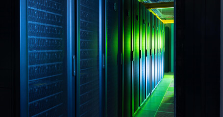 Poster - image of empty corridor with row of blue and green computer servers