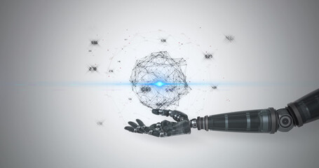 Poster - Image of network of processing data over hand of robot arm, with blue light on grey background