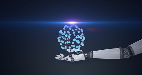 Wall Mural - image of growing network of icons over hand of robot arm, with blue light on dark background