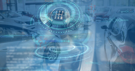 Poster - Image of question marks, data processing and gear over cars