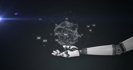 Poster - Image of network of processing data over hand of robot arm, with blue light on black background