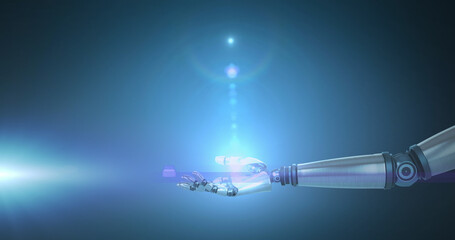 Poster - Image of blue light flare over hand of extended robot arm on blue background