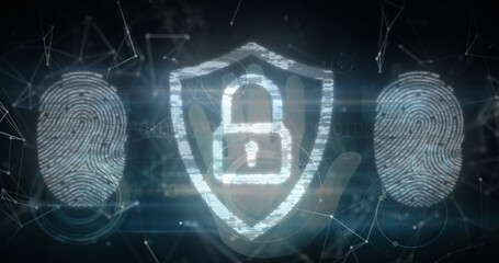 Poster - Security padlock icons and human hand scanning over fingerprint biometric scanner
