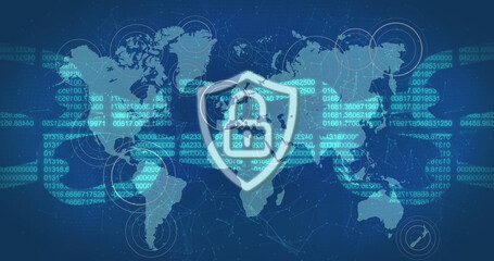 Poster - Cyber security padlock and chain against pulsating circles over world map on blue background