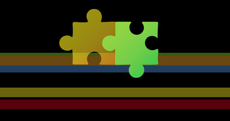 Poster - image of colourful puzzle over colourful lines on black background