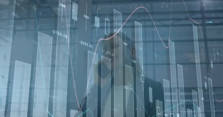 Poster - Animation of financial data over happy caucasian businesswoman using smartphone in office