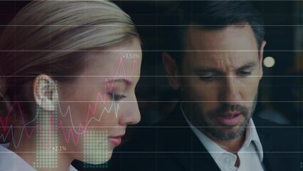 Poster - Animation of financial data and graphs over caucasian businessman and businesswoman talking
