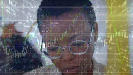 Poster - Animation of financial data and graphs over african american businesswoman in office