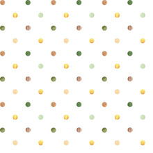Watercolor Seamless Pattern. Polka Dot Baby Print. Brown, Green, Yellow Dots On White Background. For Wallpapers, Postcards, Wrappers, Greeting Cards, Textile, Invitations