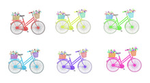 Set Of Watercolor Summer Romantic Clipart With Apricot Pink Vintage Bicycle, Isolated On White Background. Beautiful Hand Painted Bike With Pretty Flowers In A Wooden Crate. Floral Bouquet With Roses 