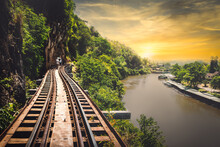 The Historical Death Railway Of World War 2 In River Kwai Kanachanaburi, Country Side Of Thailand.