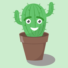Simple Vector Illustration Green Cactus In Brown Pot
