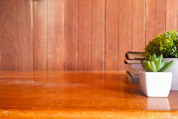 Fototapete - Cropped shot view of wood office desk table with the cup of coffee,office equipments, and other office supplies on the modern space, flat lay.