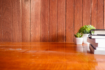 Fototapete - Cropped shot view of wood office desk table with the cup of coffee,office equipments, and other office supplies on the modern space, flat lay.