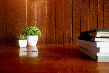 Fototapete - Cropped shot view of wood office desk table with the cup of coffee,office equipments, and other office supplies on the modern space, flat lay.