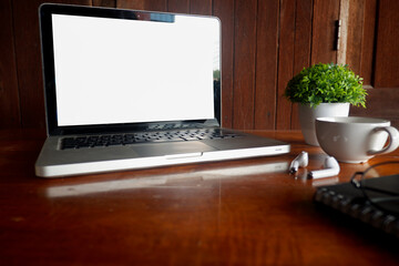 Fototapete - Cropped shot view of office desk table with the office equipments, and other office supplies on the modern space, flat lay.online matketing at home