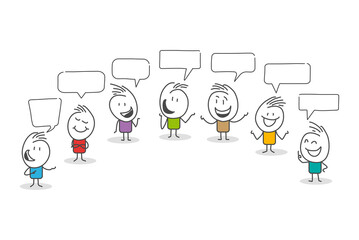 Stick figures. People with speech bubbles. Cartoon style. Social networks, news, social networks, chat, dialogue speech bubbles.