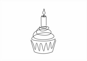 Wall Mural - Birthday cupcake with candle one continuous line drawing isolated on white background. Surprise birthday cake in minimalism design. Tasty and delicious concept. Vector illustration