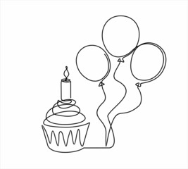 Wall Mural - Continuous line drawing of birthday cupcake and balloons. Cupcake with decoration and a candle. Birthday celebration concept isolated on white background. Hand drawn design vector illustration