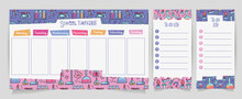 Set Of School Timetable And To Do Lists With Doodle Cute Chemical Laboratory Supplies Pattern. Weekly Planner Sheets. Organizer And Schedule With Notes With Flask Elements. Verctor Illustration.