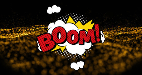 Wall Mural - Image of boom text over orange dots on black background