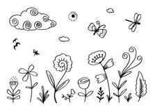 Black Silhouettes Of Grass, Flowers And Herbs With Cloud, Dragonfly And Butterfly Isolated On White Background. Hand Drawn Sketch Flowers. 