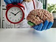 Doctors in gloves hold red alarm clock and brain mockup