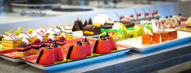 Wall Mural - Pastries and cakes in the hotel bar buffet. sweet life concept