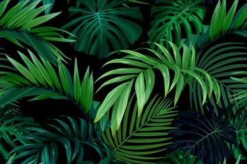 Seamless hand drawn tropical vector pattern with monstera palm leaves on dark background.