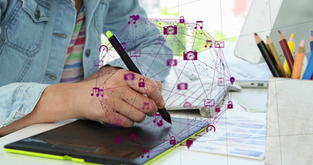 Poster - Digital composite image of network of connection with interface icons forming a globe against person