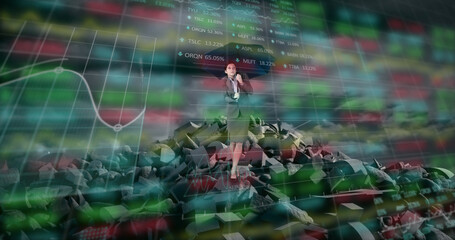 Poster - Stock market data processing against businesswoman holding an umbrella