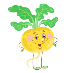 Canvas Print - Funny  yellow turnip. Hero in cartoon style. Isolated on white background. Vector flat illustration